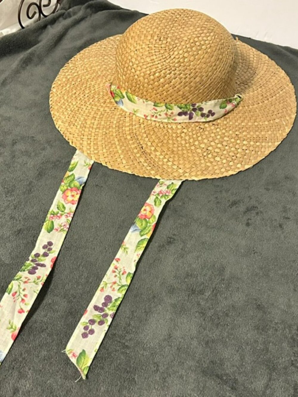 Vintage Straw Hat with Floral Fruit Band and Tie